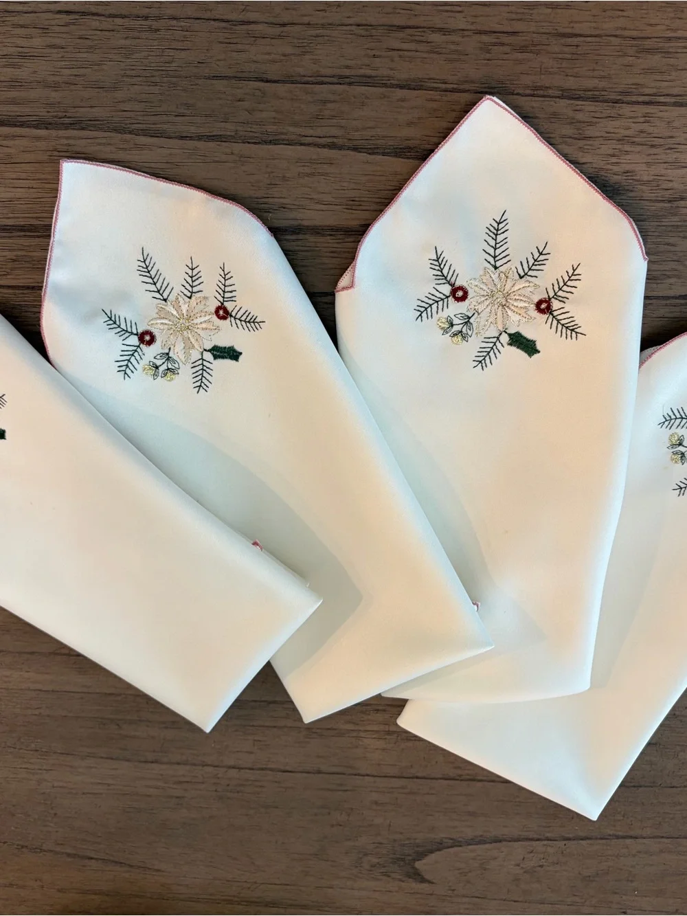 Embroidered Cream Holiday Napkins with Red Trim (Set of 4 Napkins)